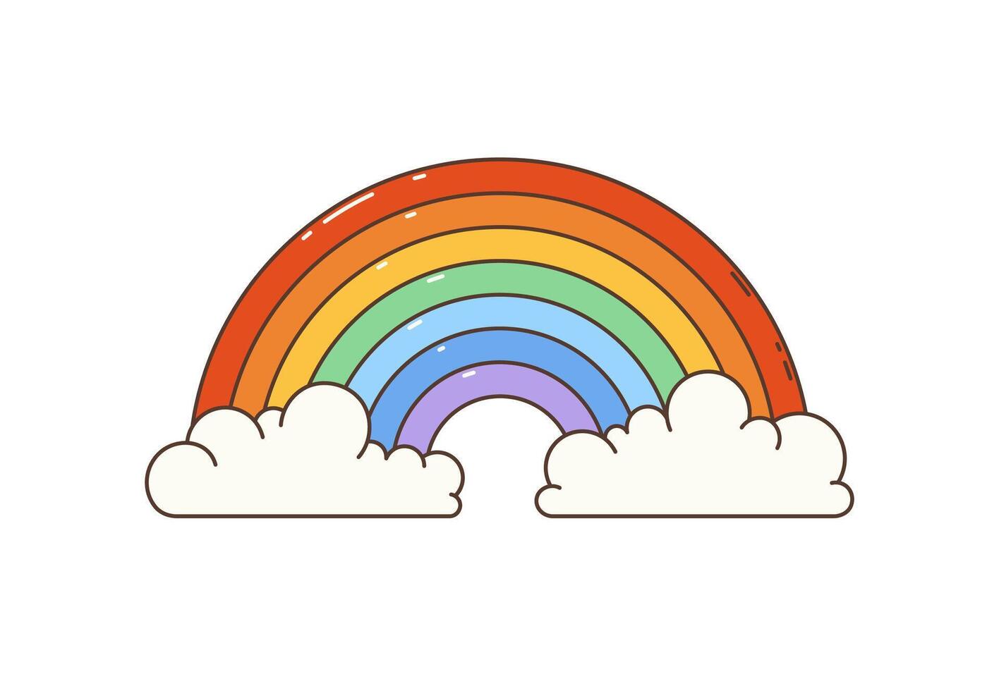Cartoon retro groovy hippie rainbow with clouds vector