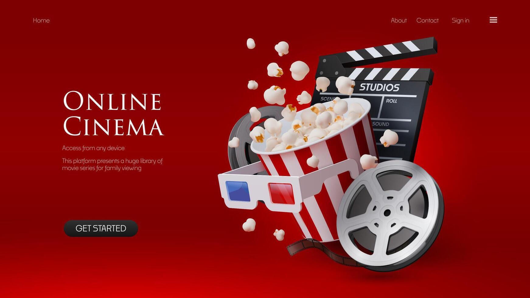 3D online cinema portal landing page with popcorn vector