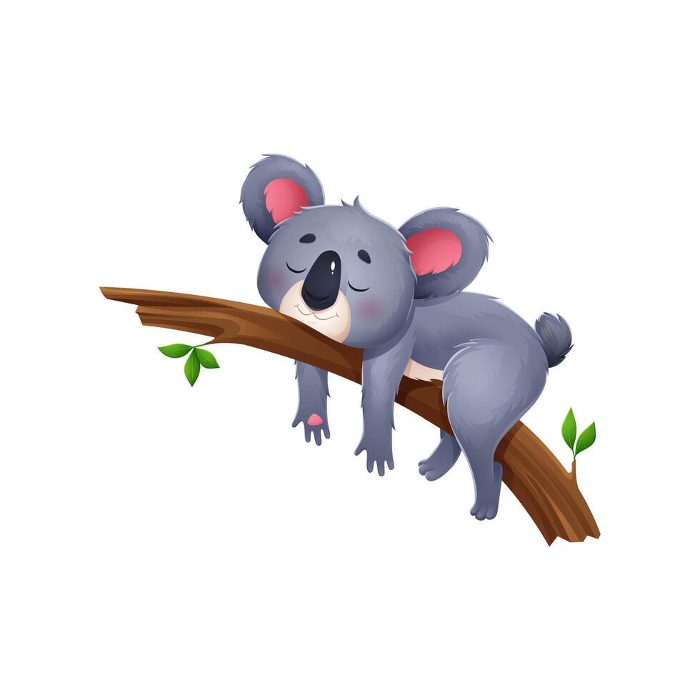 Koala cartoon character sleep on eucalyptus tree vector