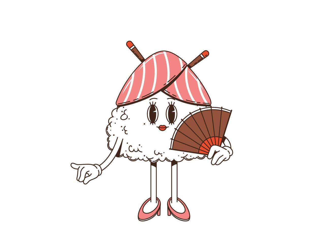 Cartoon retro groovy triangle sushi character vector