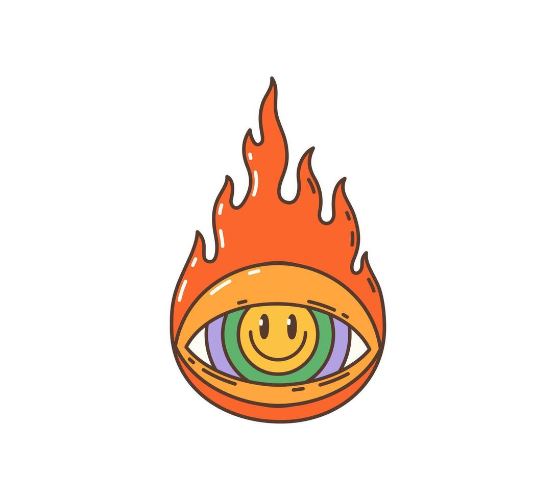 Cartoon retro groovy hippie eye with fire flames vector