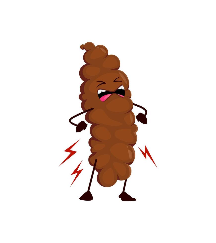Funny poo excrement, cartoon angry poop emoji vector