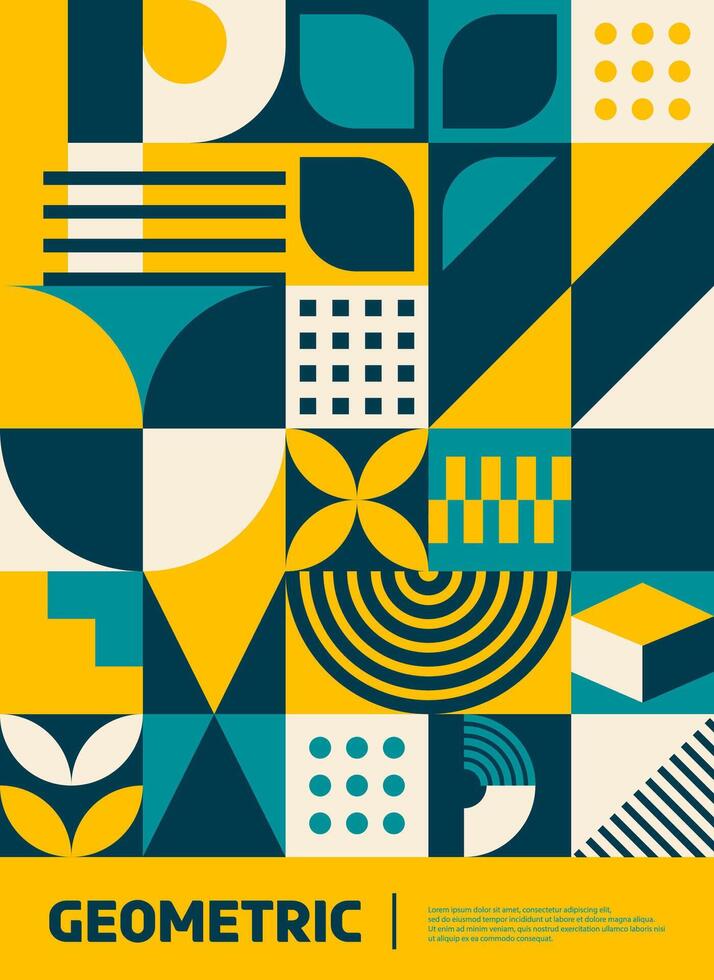 Yellow, dark and turquoise bauhaus pattern poster vector