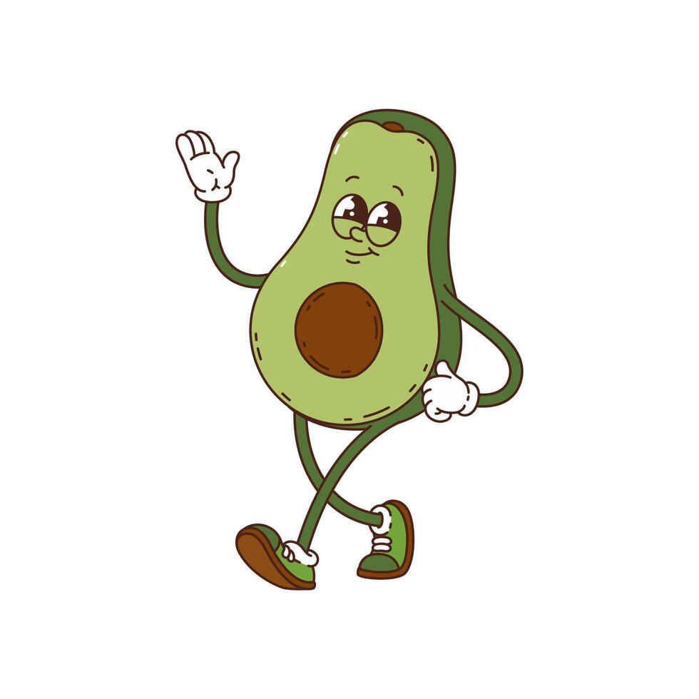 Groovy retro avocado comical cartoon character vector