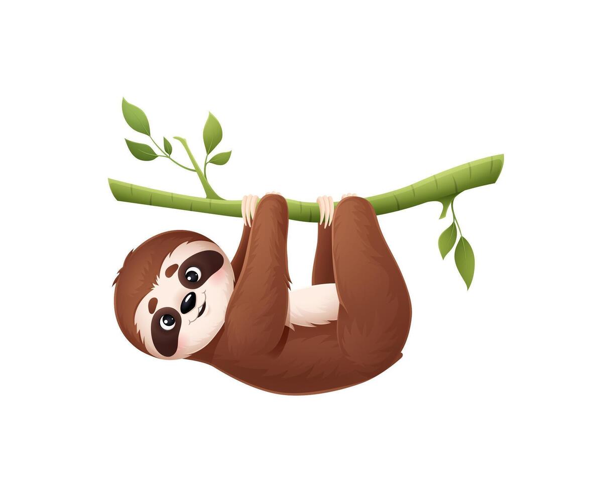Cartoon cute lazy sloth animal hang on tree branch vector