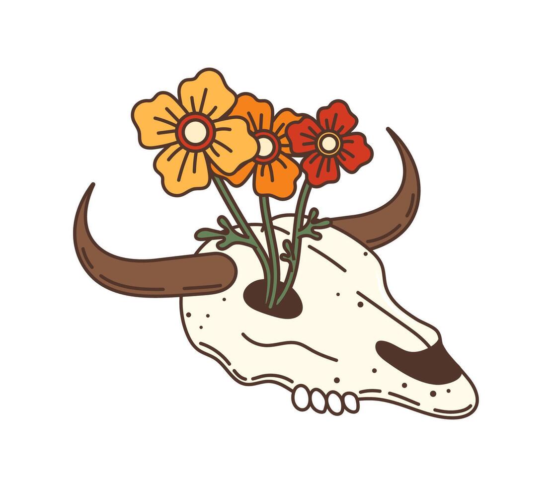 Wild west western cow skull groovy item and blooms vector