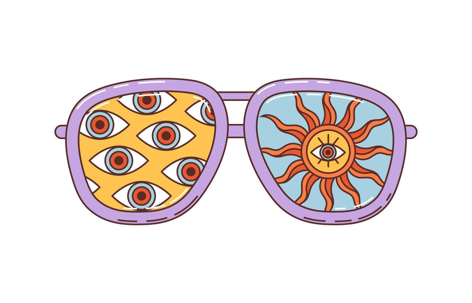 Sunglasses, groovy retro eyewear with eye and sun vector