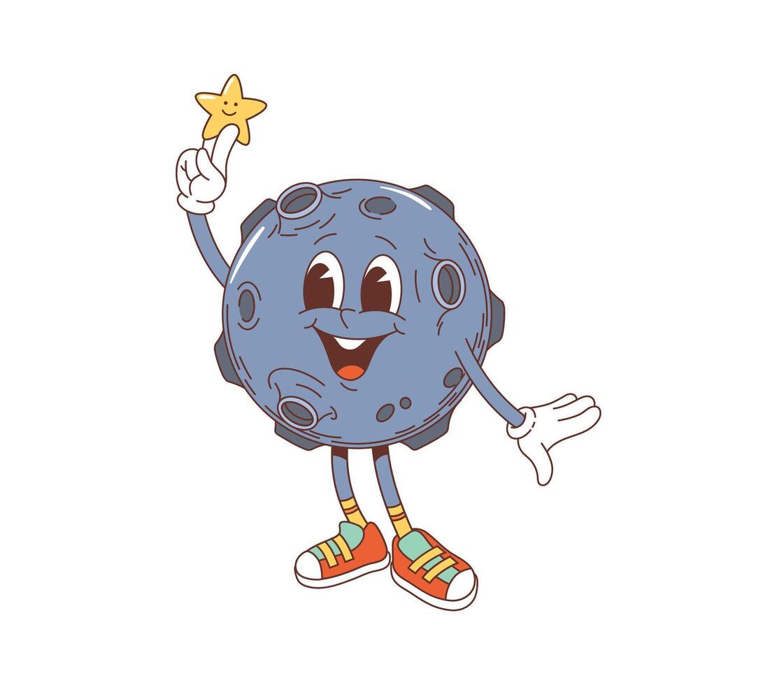 Cartoon groovy space planet character with star vector