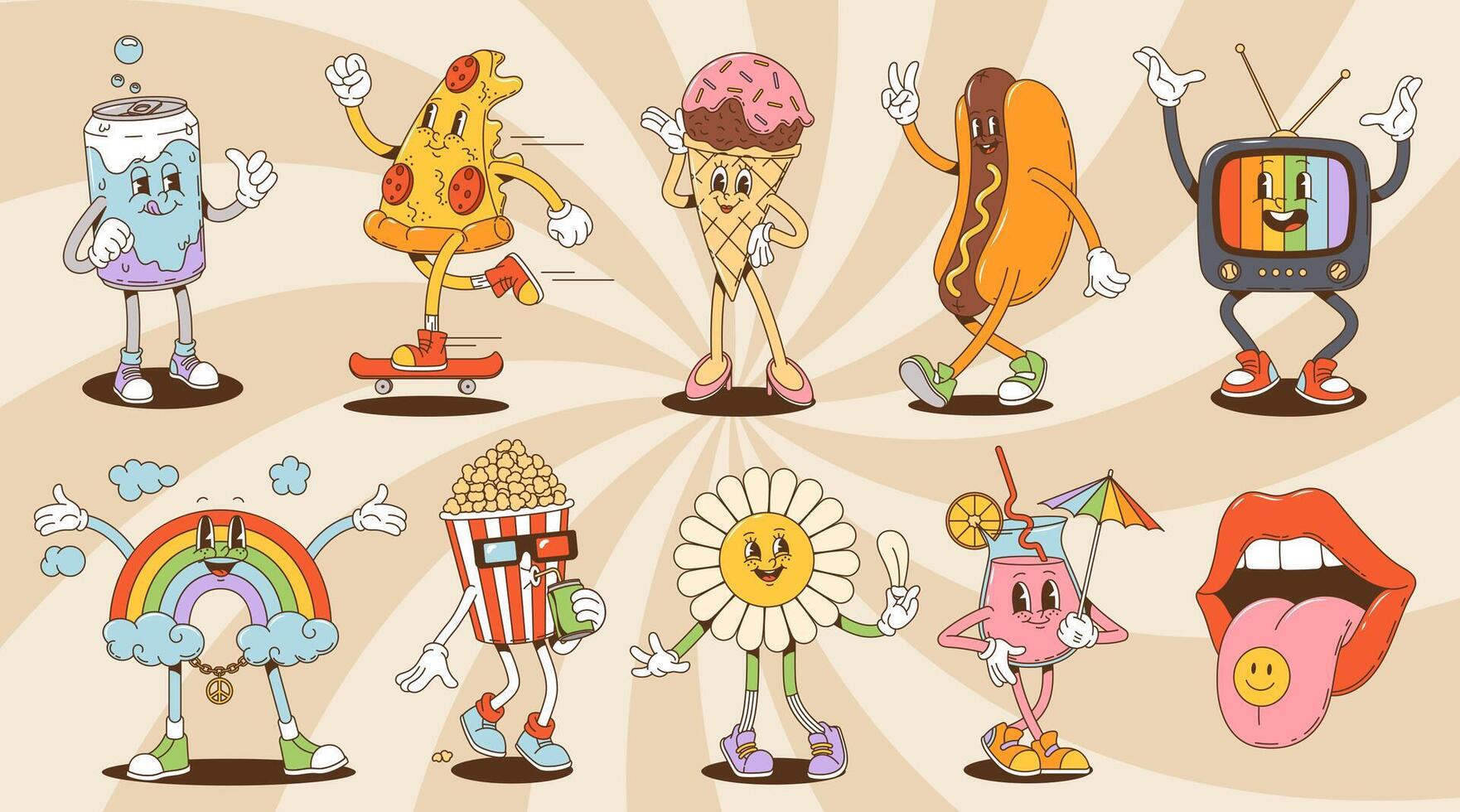 Cartoon groovy characters, retro, nostalgic set vector