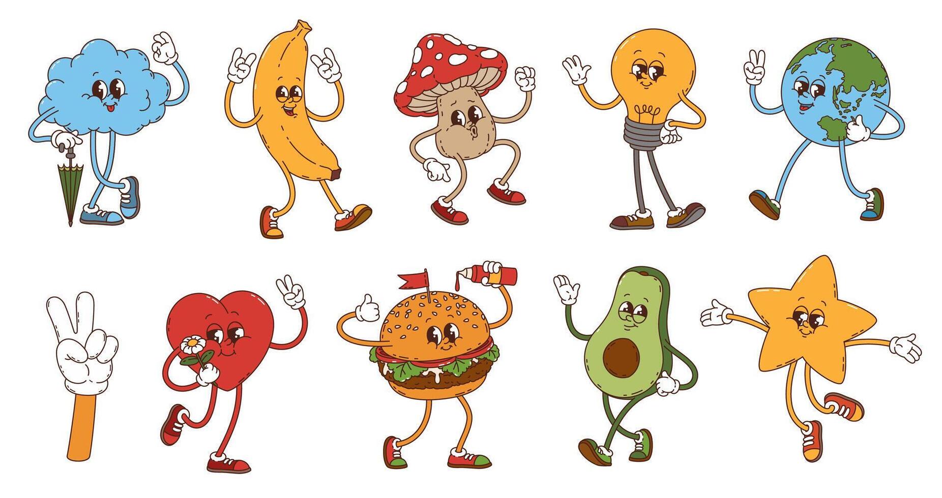Cartoon retro groovy funky characters, set vector