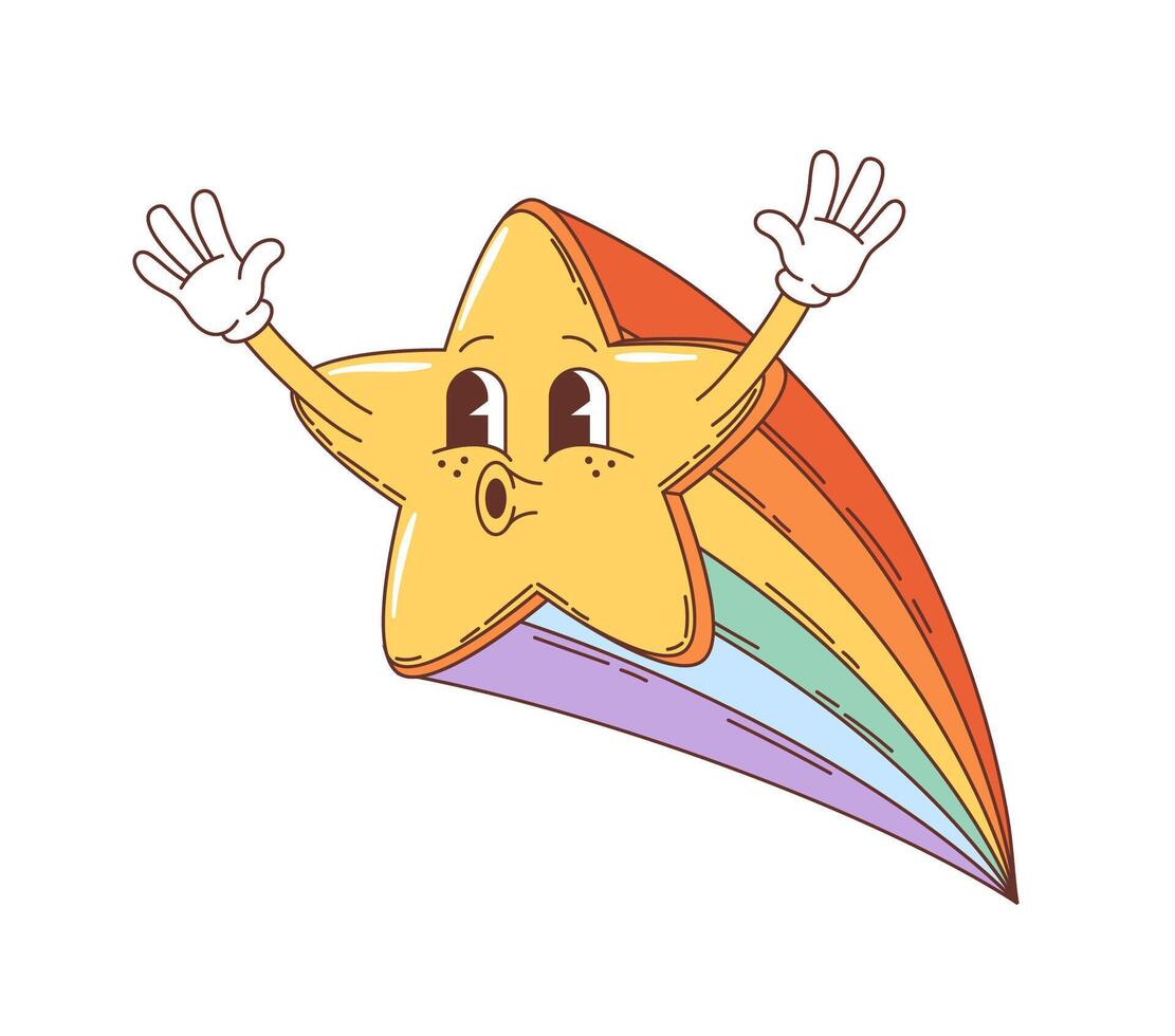 Cartoon groovy star character with colorful trail vector