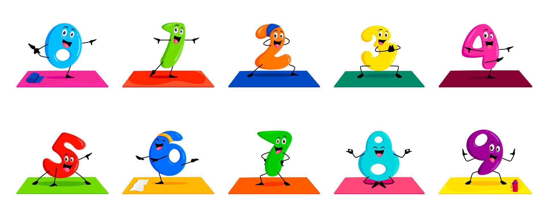 Cartoon math number characters on yoga fitness vector