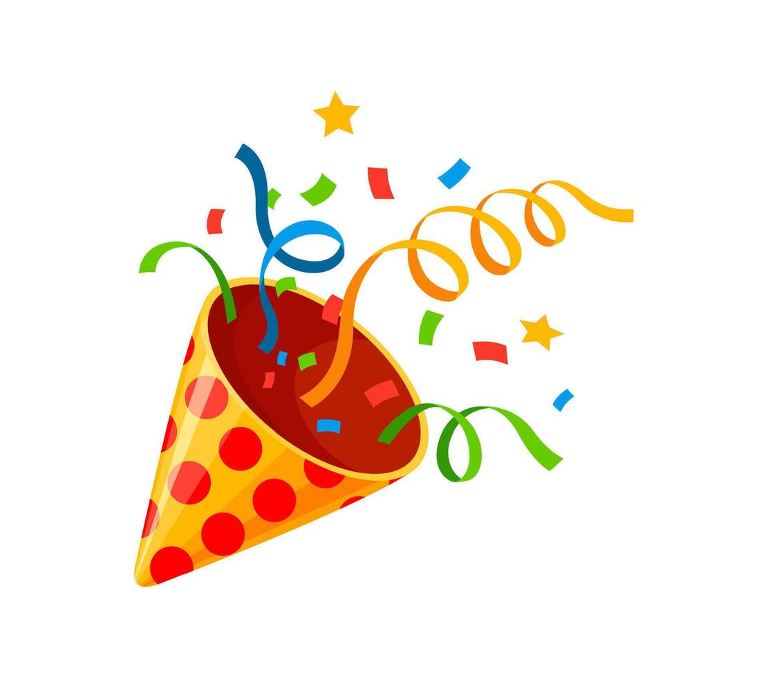 Holiday popper cone firecracker, confetti ribbons vector
