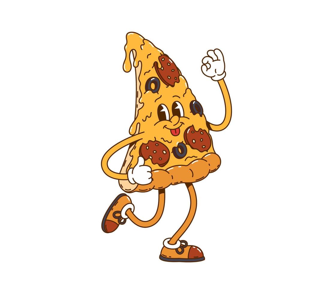 Cartoon retro groovy pizza cheerful character vector