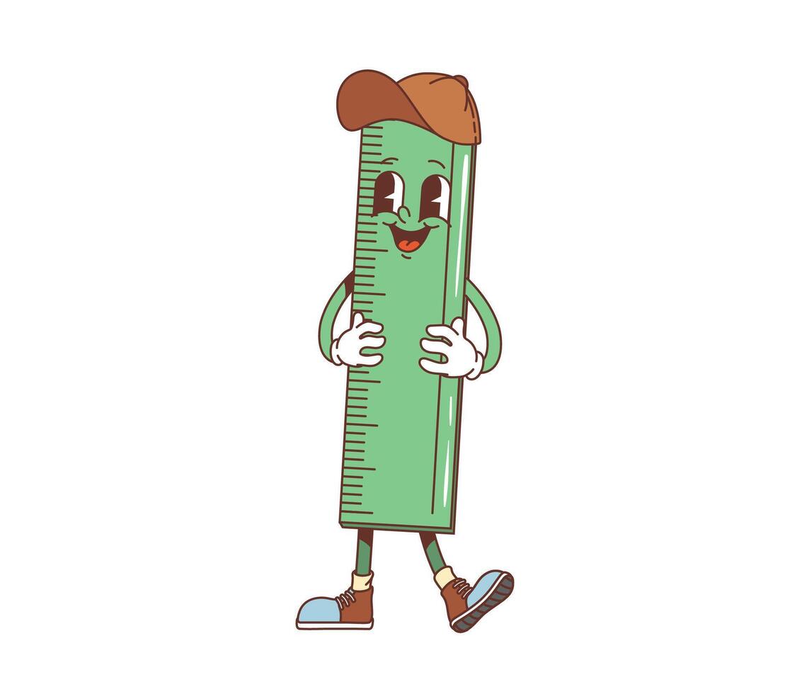 Cartoon retro groovy school ruler character vector