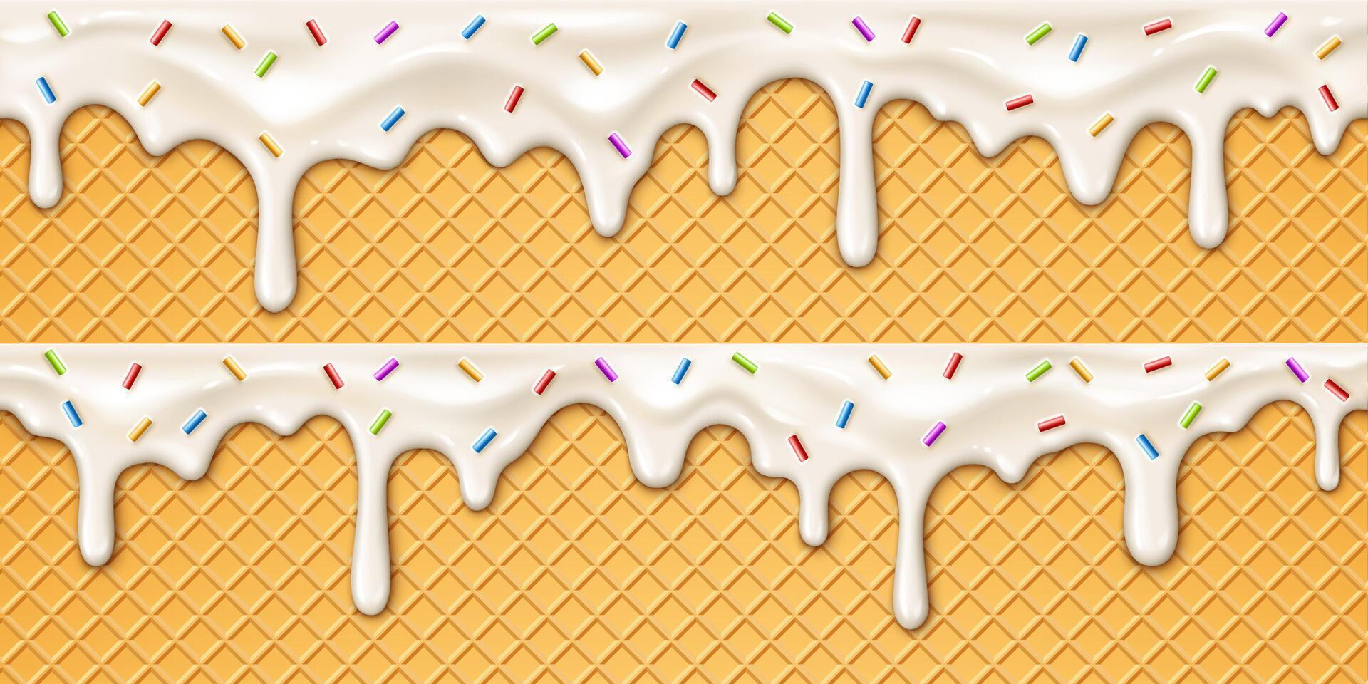Realistic ice cream melt drip on wafer background. vector