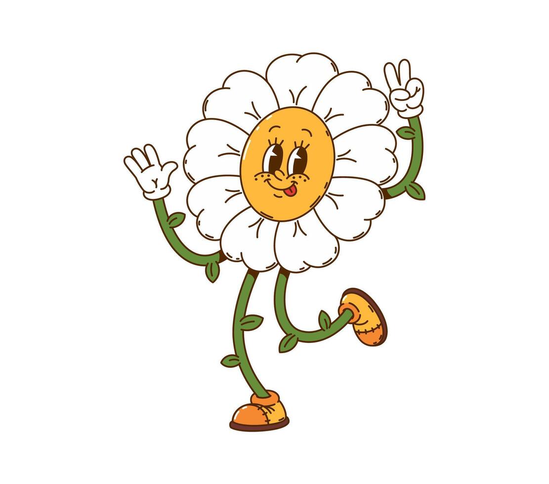 Cartoon retro groovy daisy flower character vector