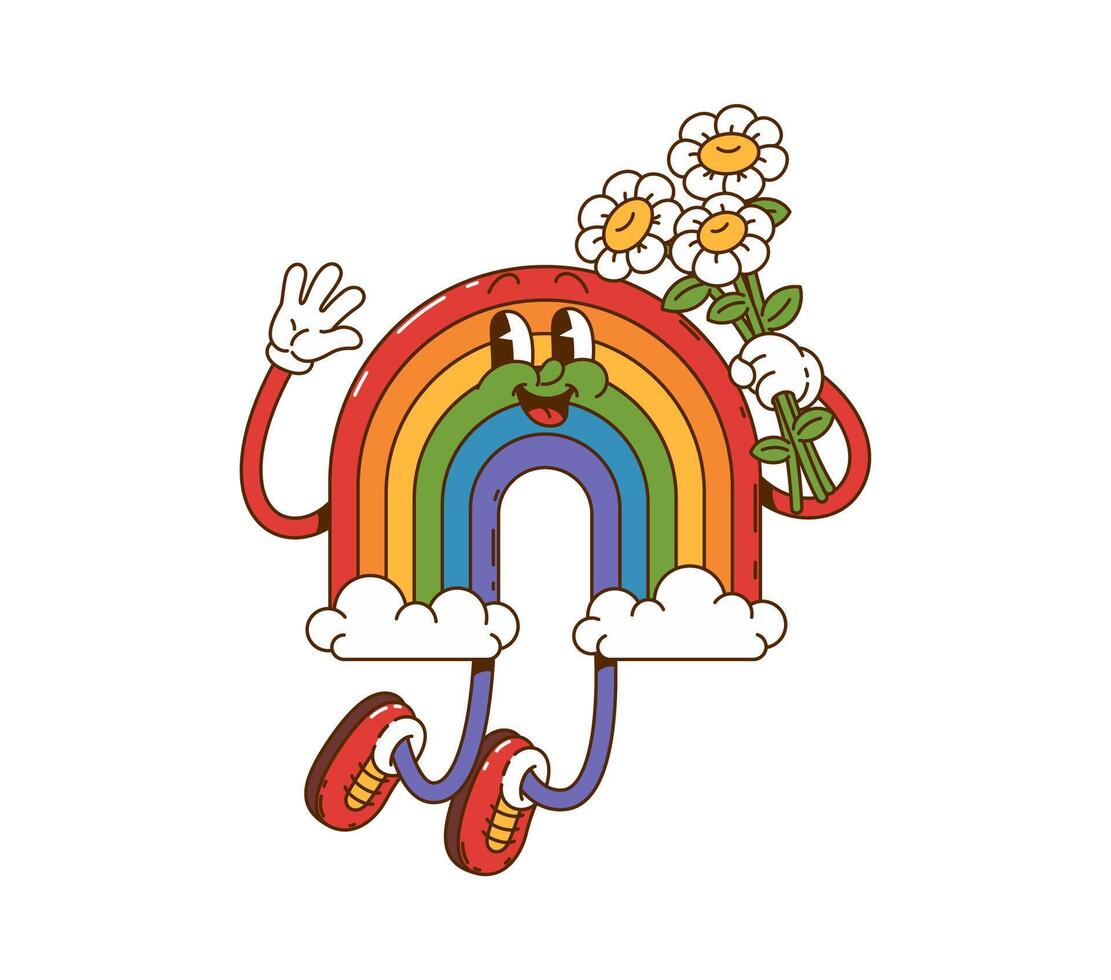 Cartoon retro groovy rainbow funny character vector
