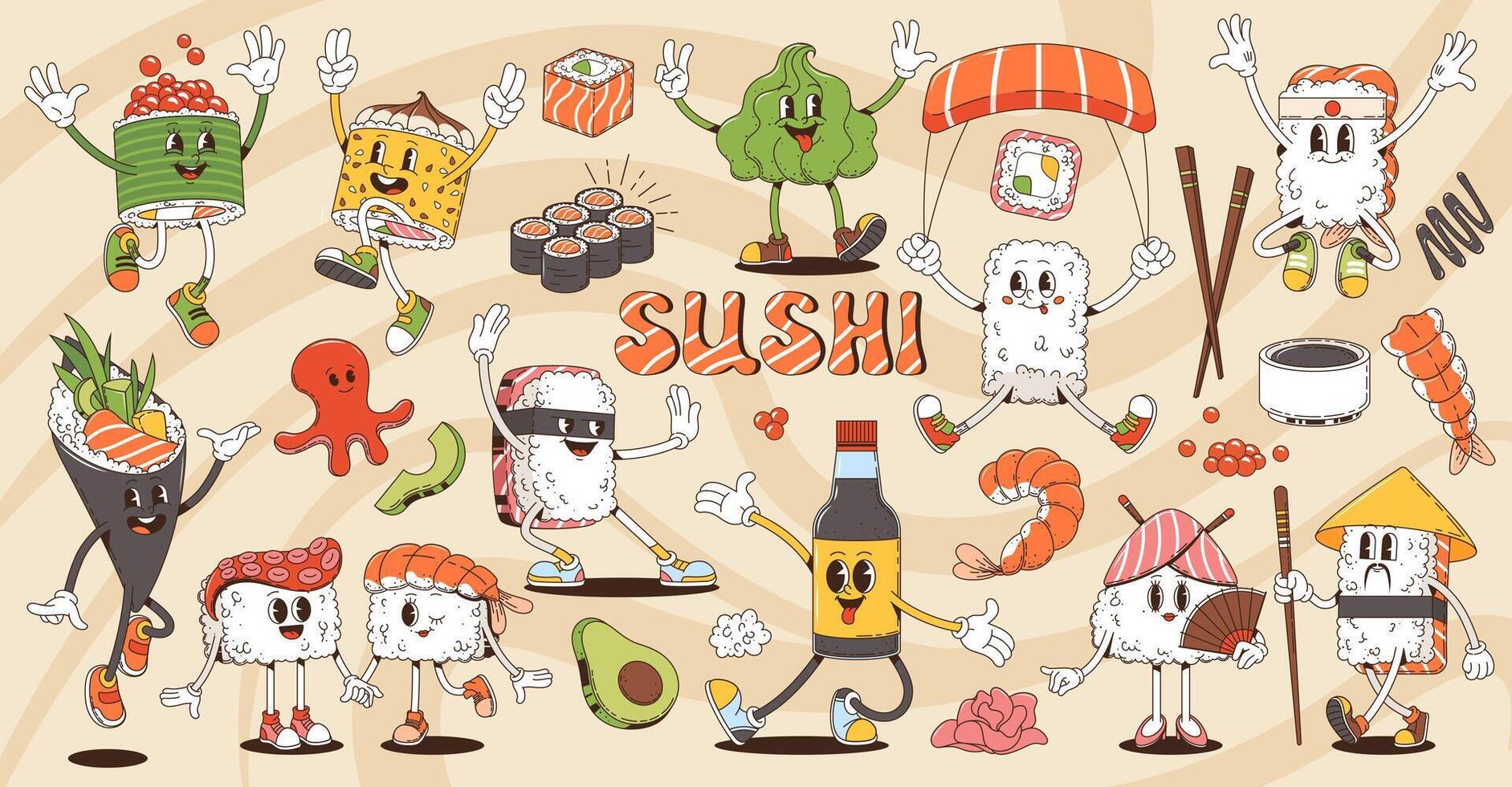 Cartoon retro groovy sushi and roll characters vector