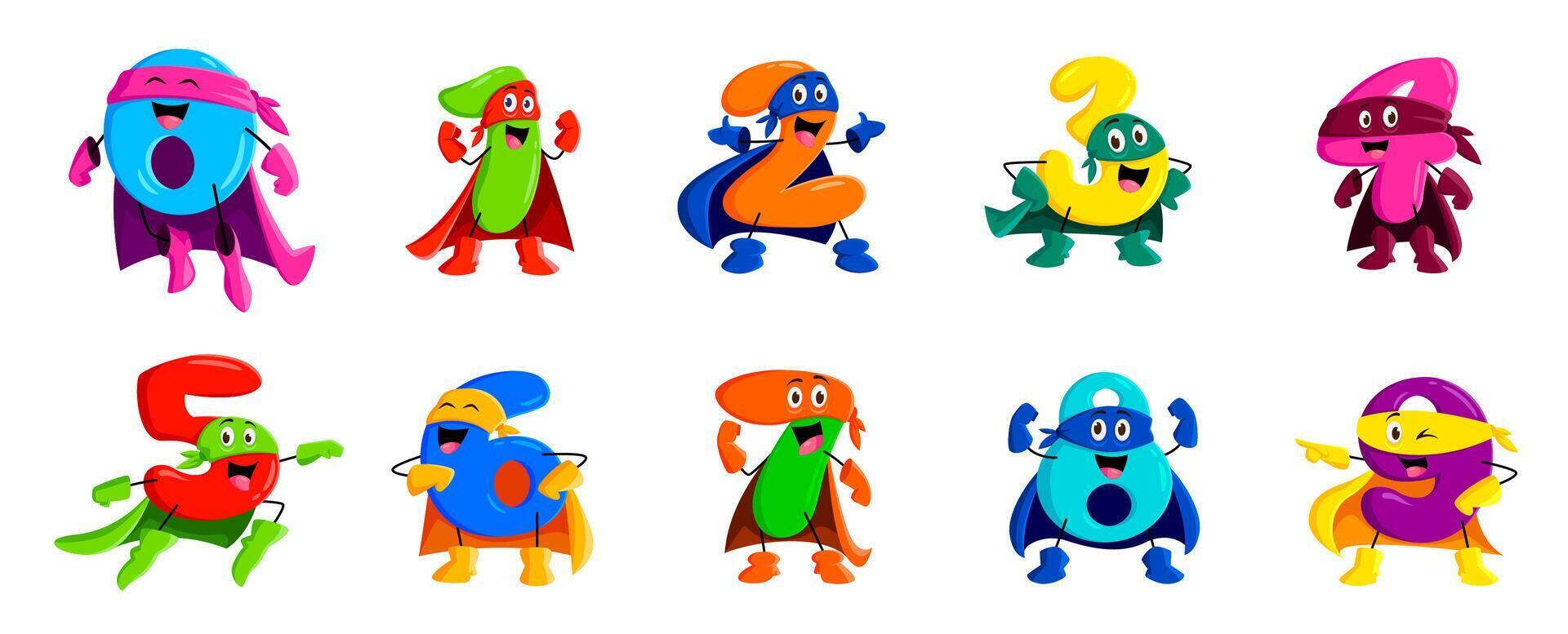 Cartoon math number superhero funny characters vector