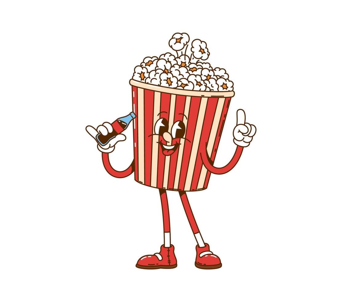 Cartoon retro groovy popcorn bucket character vector