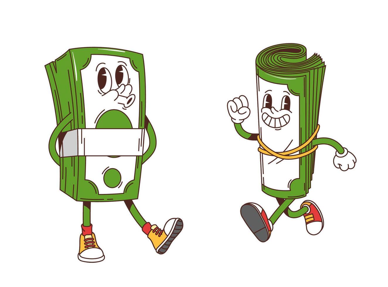 Retro groovy rolled banknotes money characters vector