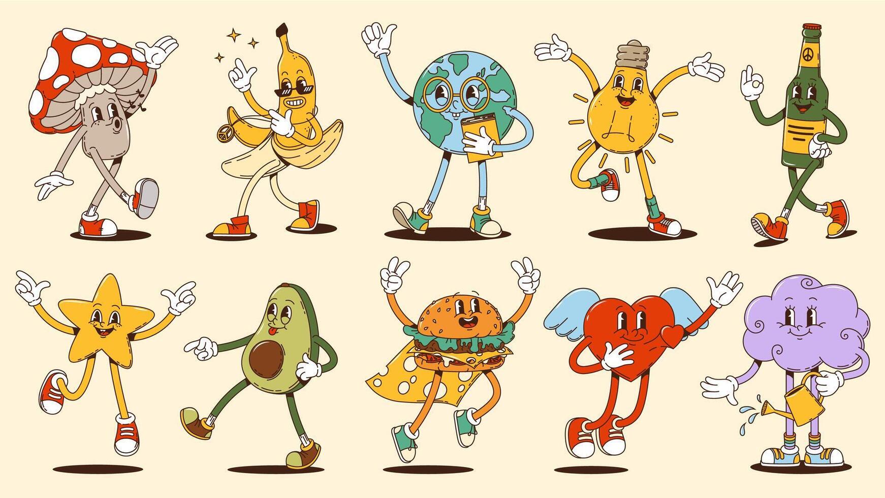 Cartoon hippie groovy characters, set vector