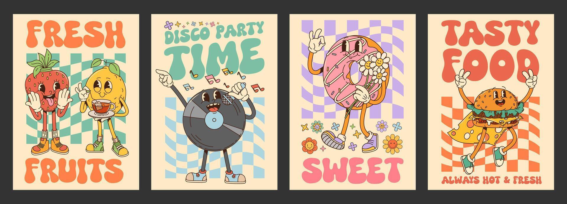 Groovy posters, fast food and fruit characters vector
