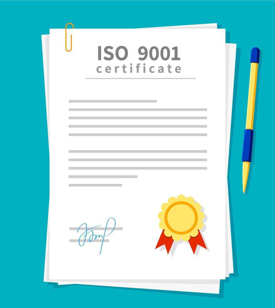 ISO certificate, 9001 document with a gold seal vector