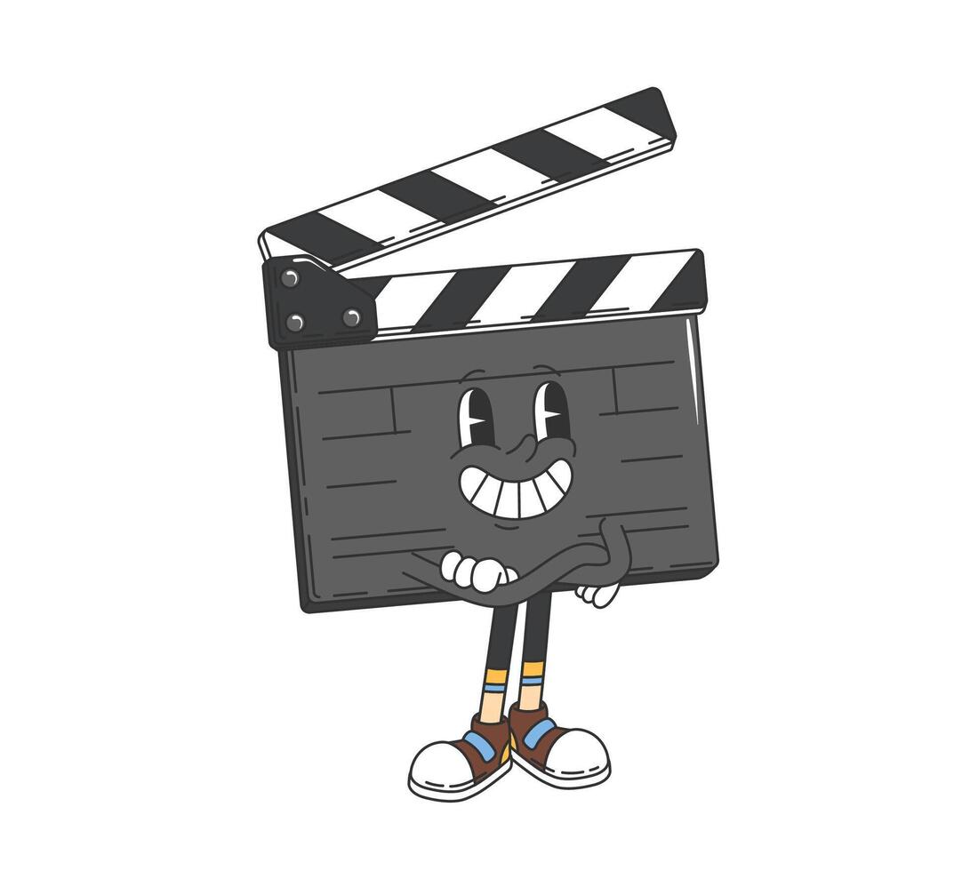 Groovy movie clapperboard retro cartoon character vector