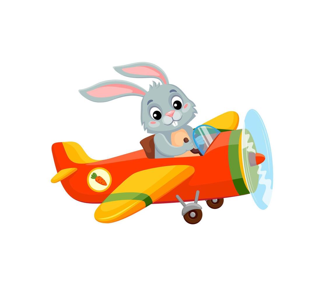 Cartoon bunny animal on plane, baby rabbit pilot vector