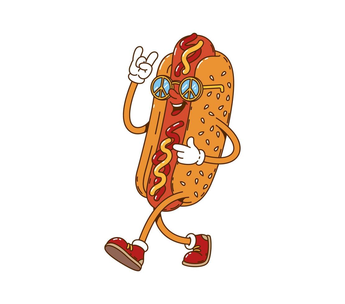 Cartoon retro groovy hot dog cool character vector