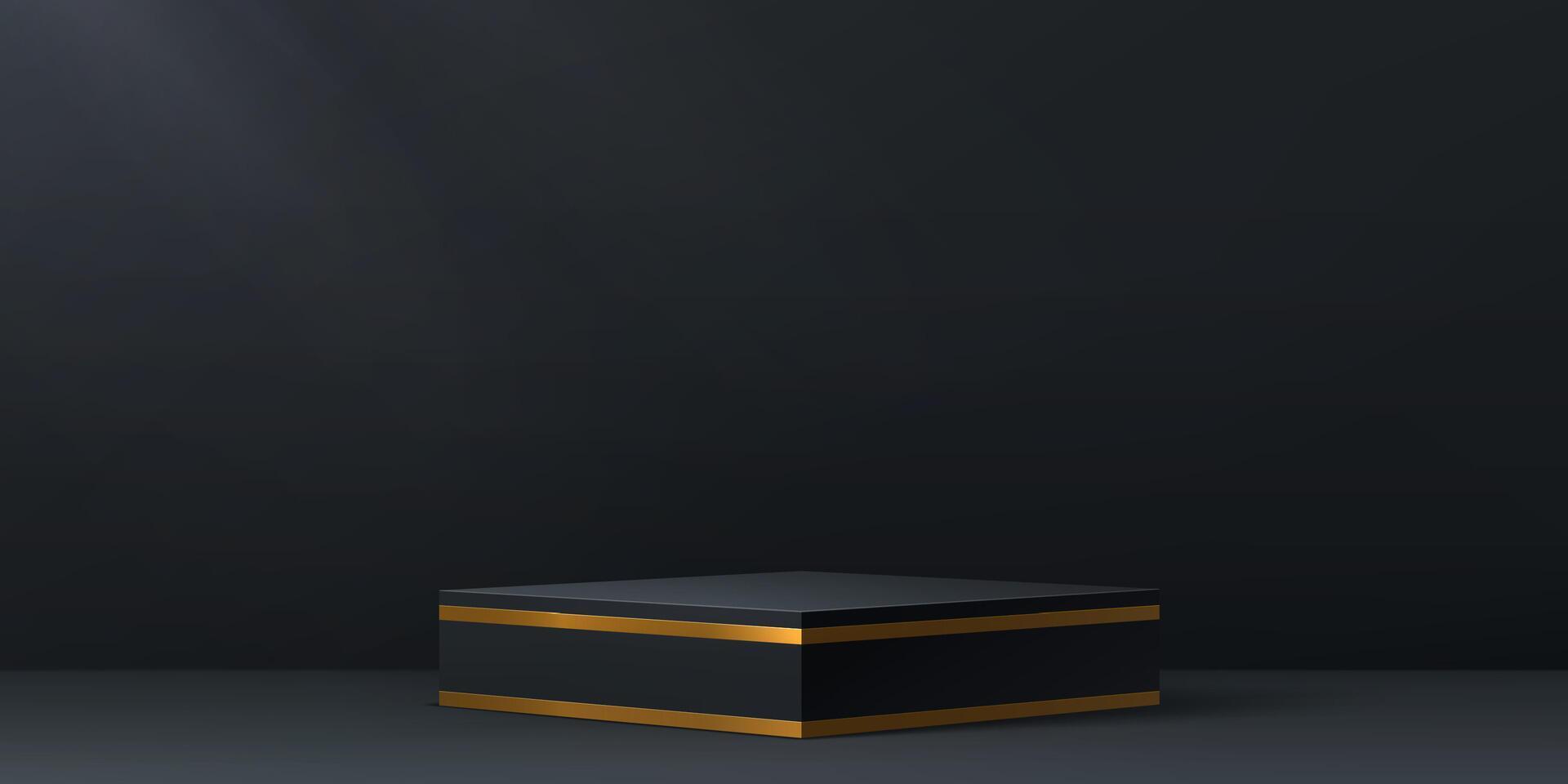 Cube black podium pedestal stage with golden frame vector