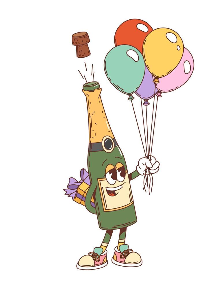Retro groovy holiday sparkling wine character vector