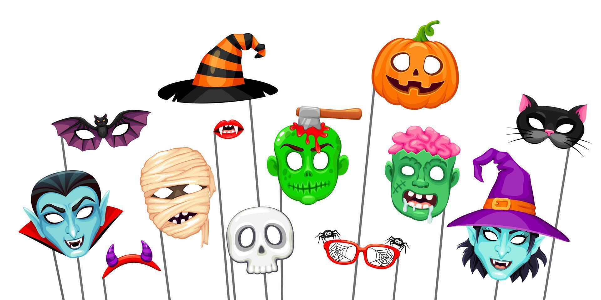 Halloween masks with props for photo booth set vector