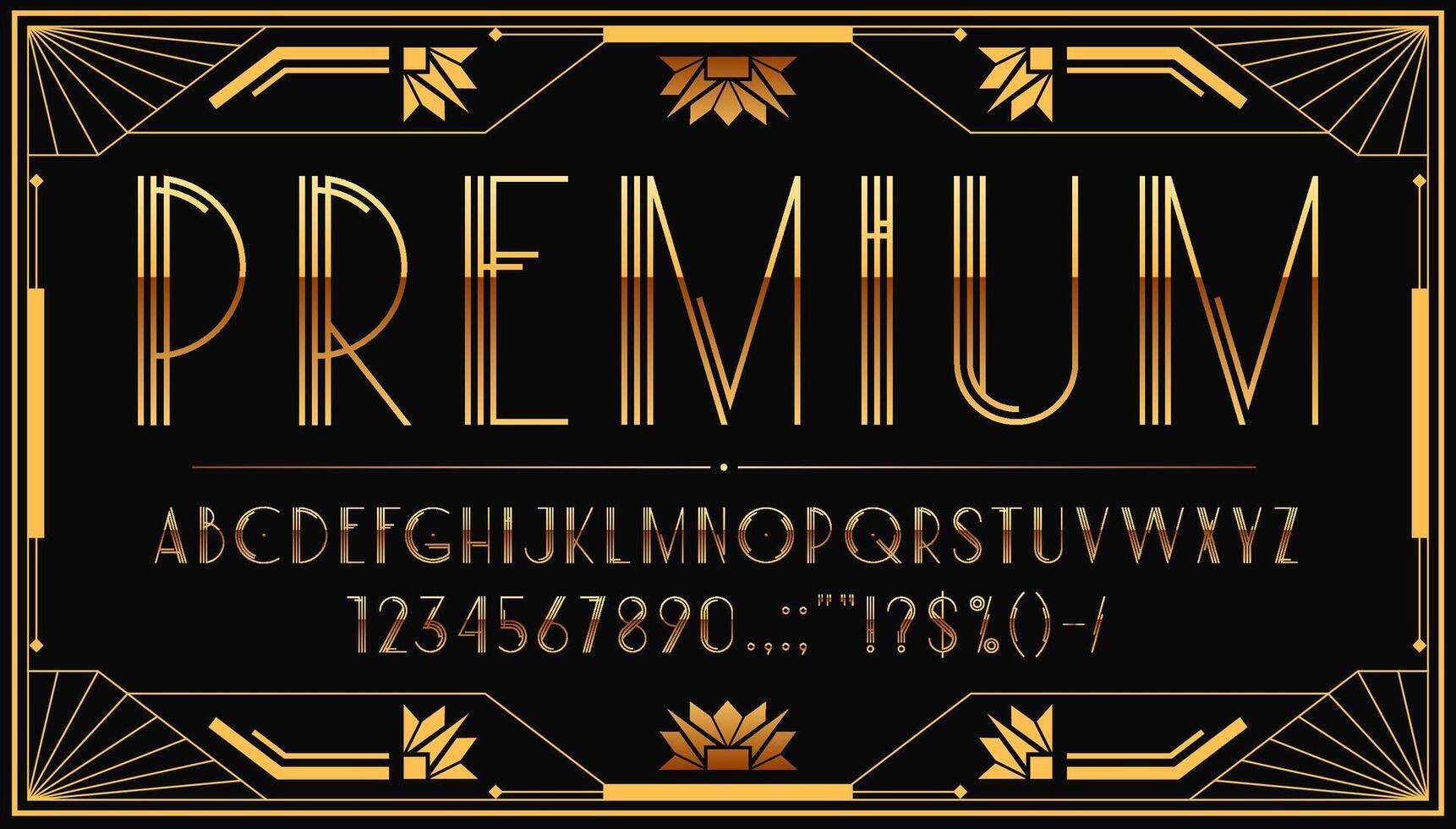 Art deco font type, golden 1920s elegant typeface vector
