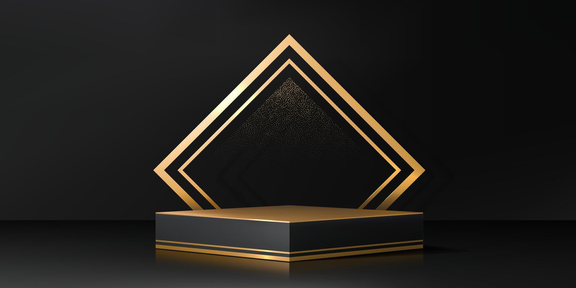 Black podium stage with golden frame and sparkles vector