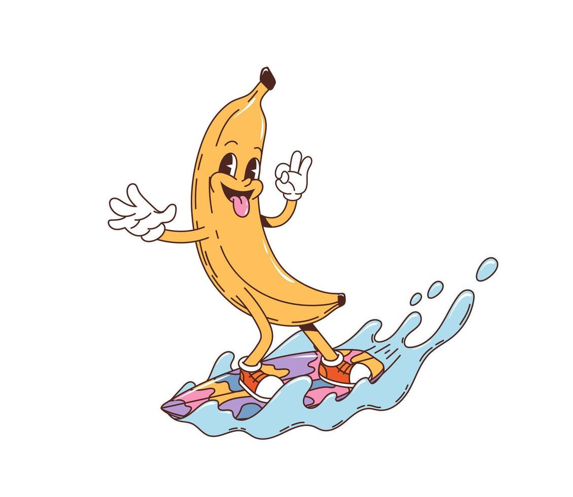 Retro groovy banana on surfboard riding a wave vector