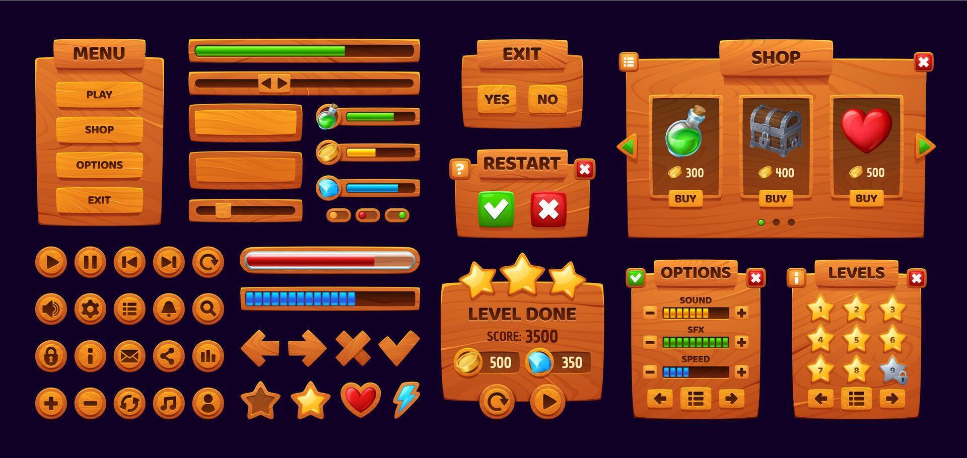 Wooden game interface, gui buttons and panels vector