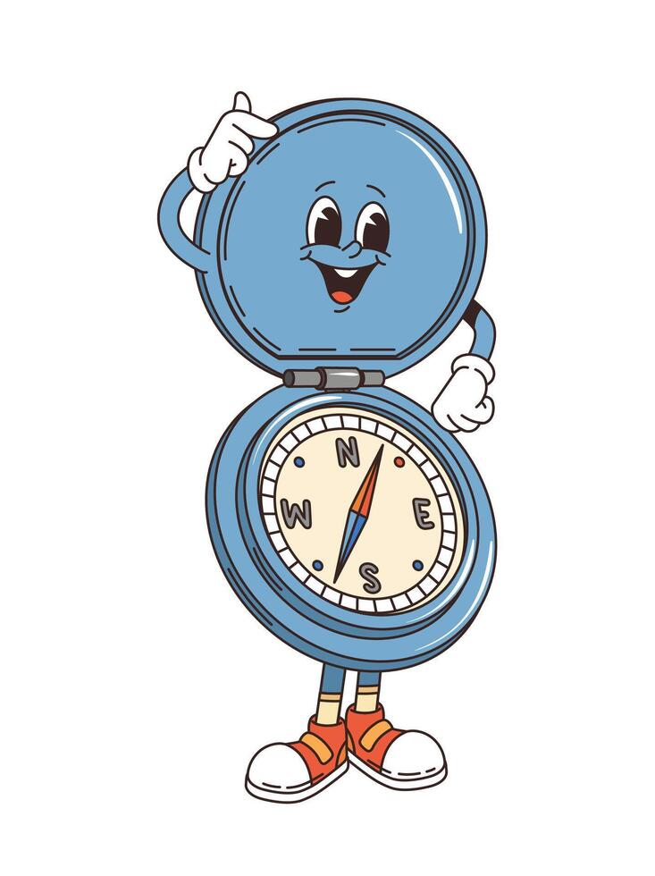 Cartoon compass retro groovy travel character vector