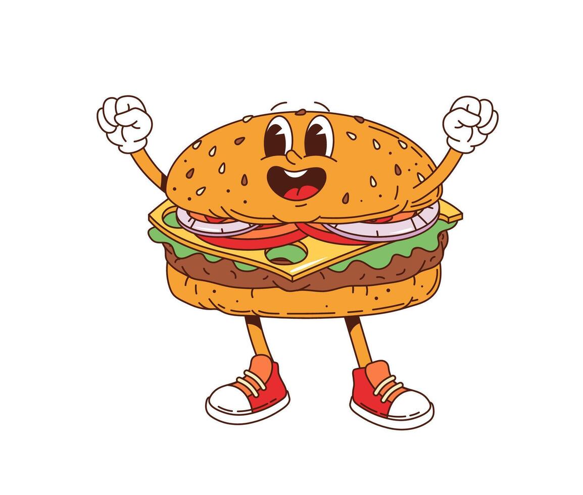 Burger retro groovy barbeque grill character vector