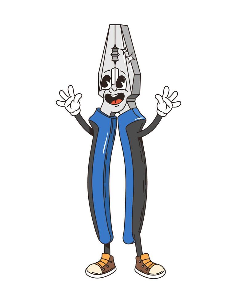 Retro groovy pliers tool character, repair device vector