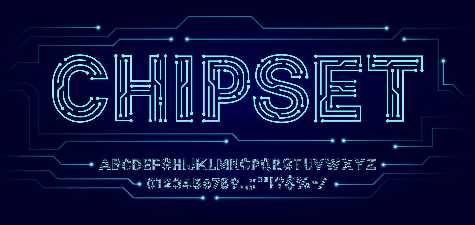 Tech circuit font and computer motherboard type vector