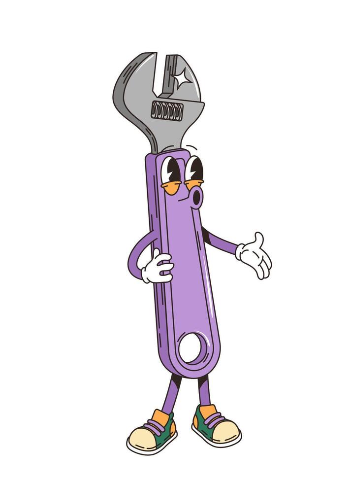 Retro groovy adjustable wrench tool character vector