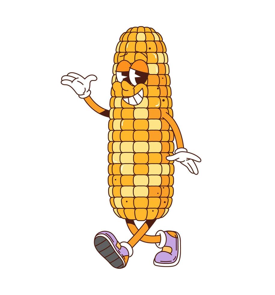 Corn cob retro groovy barbeque grill character vector