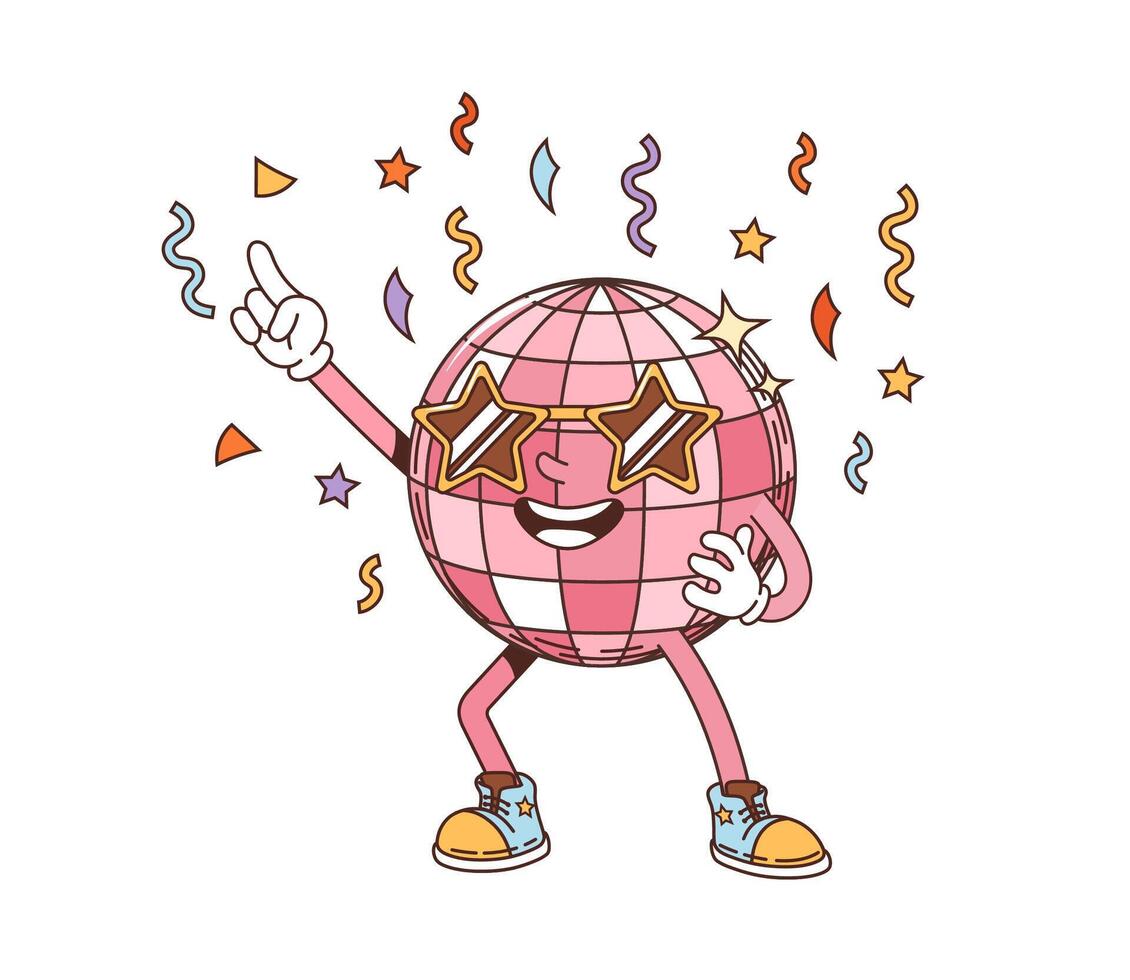 Retro groovy disco ball character at dance party vector