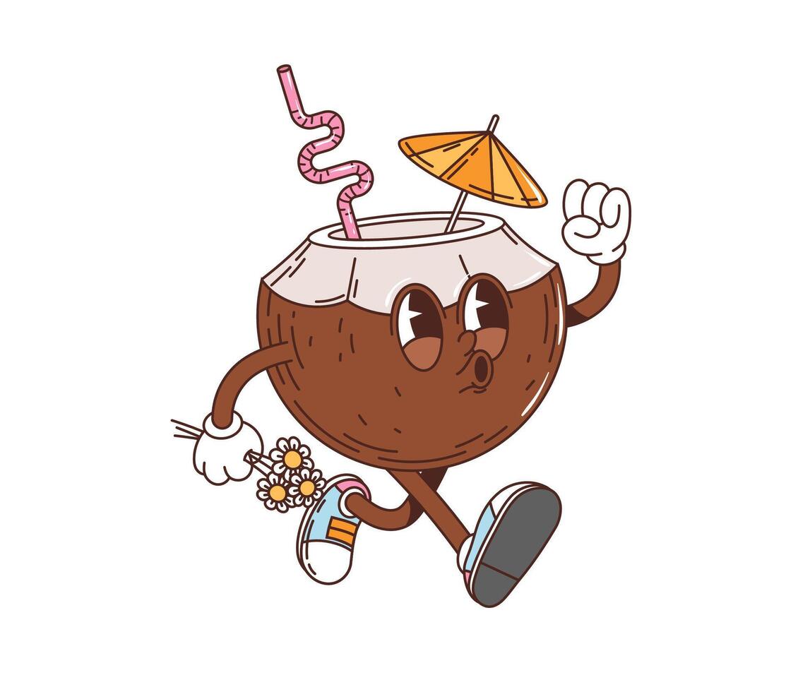 Retro groovy coconut drink character with a straw vector