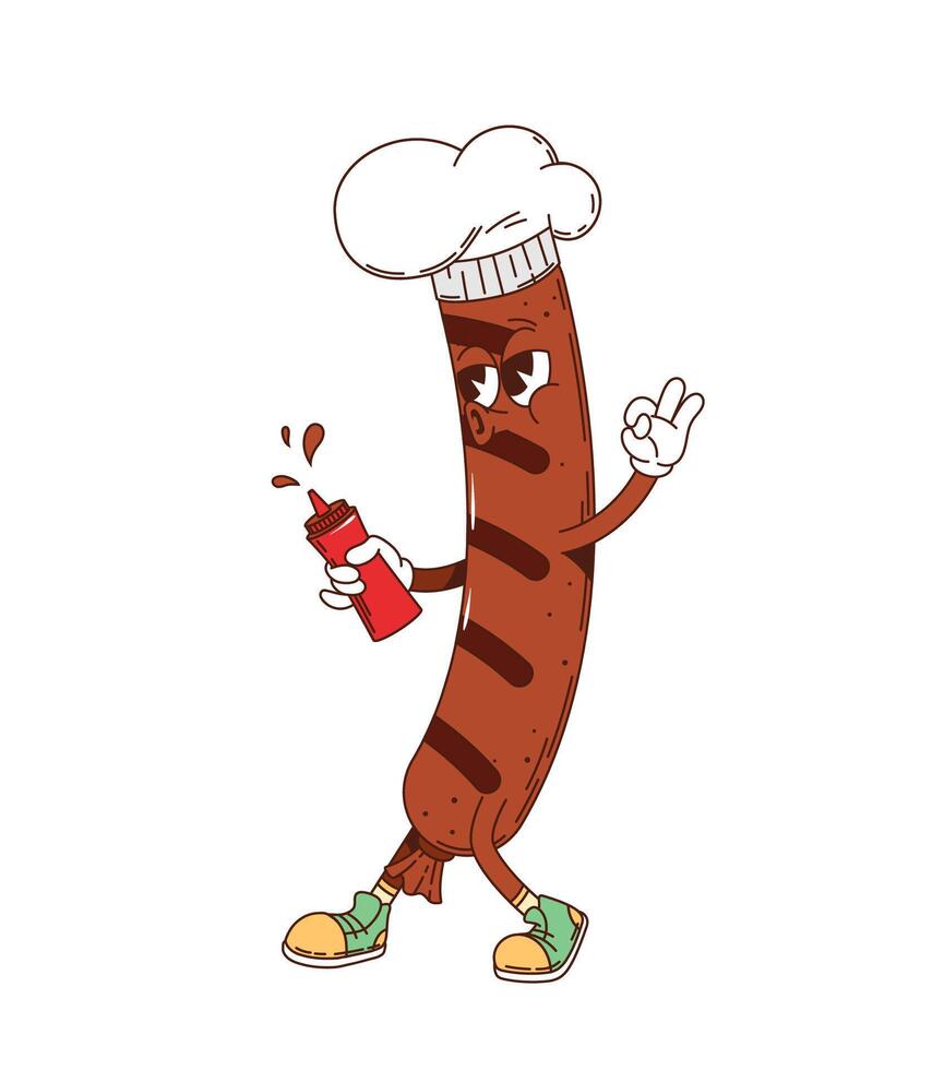 Sausage retro groovy barbeque grill character vector
