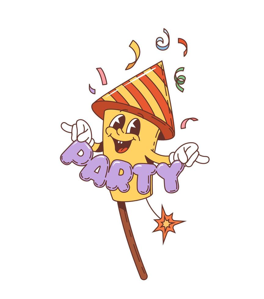 Retro groovy holiday party firework character vector