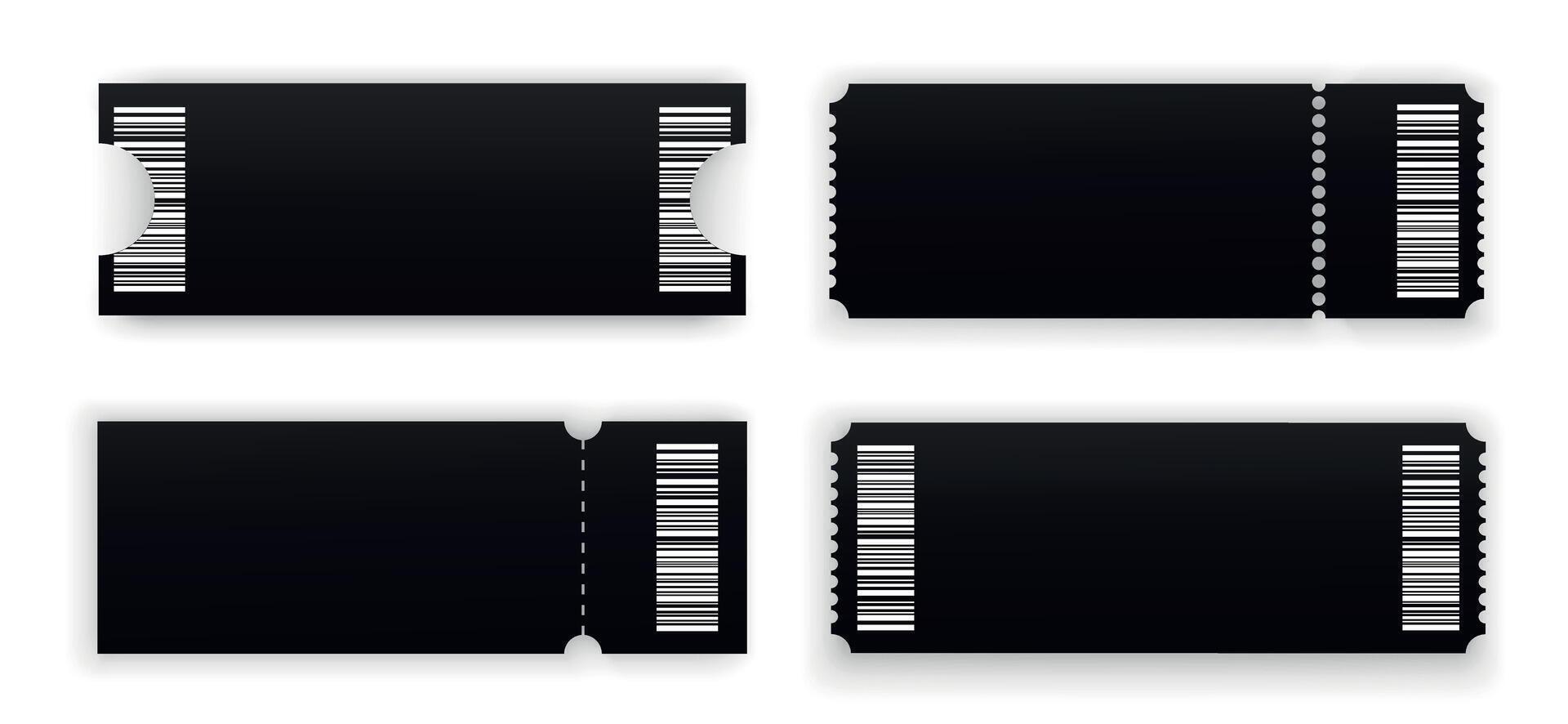 Abstract blank tickets templates isolated on white background. Ticket mockup in different shapes with barcode, front view. Realistic style. illustration vector